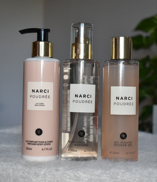 Trio: Brume + Gel douche + Lait pour le corps _ Narci poudrée