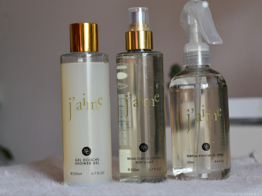 Trio: Brume + Gel douche + Spray d'ambiance _ j'aime